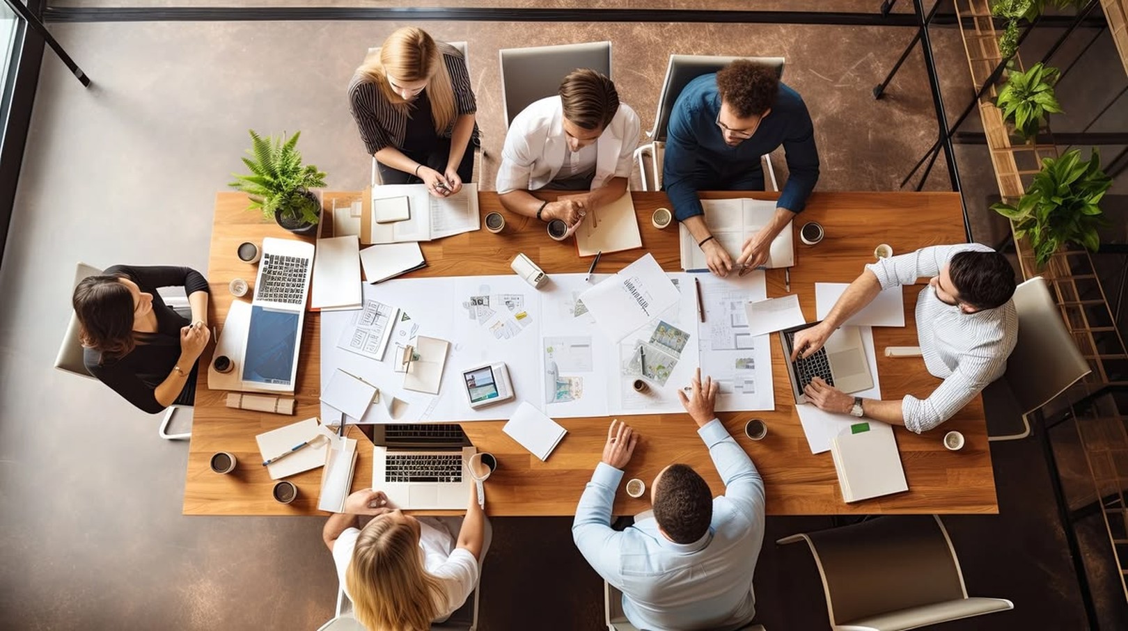 Vista cenital de un equipo trabajando alrededor de una mesa con papeles, laptops y anotaciones