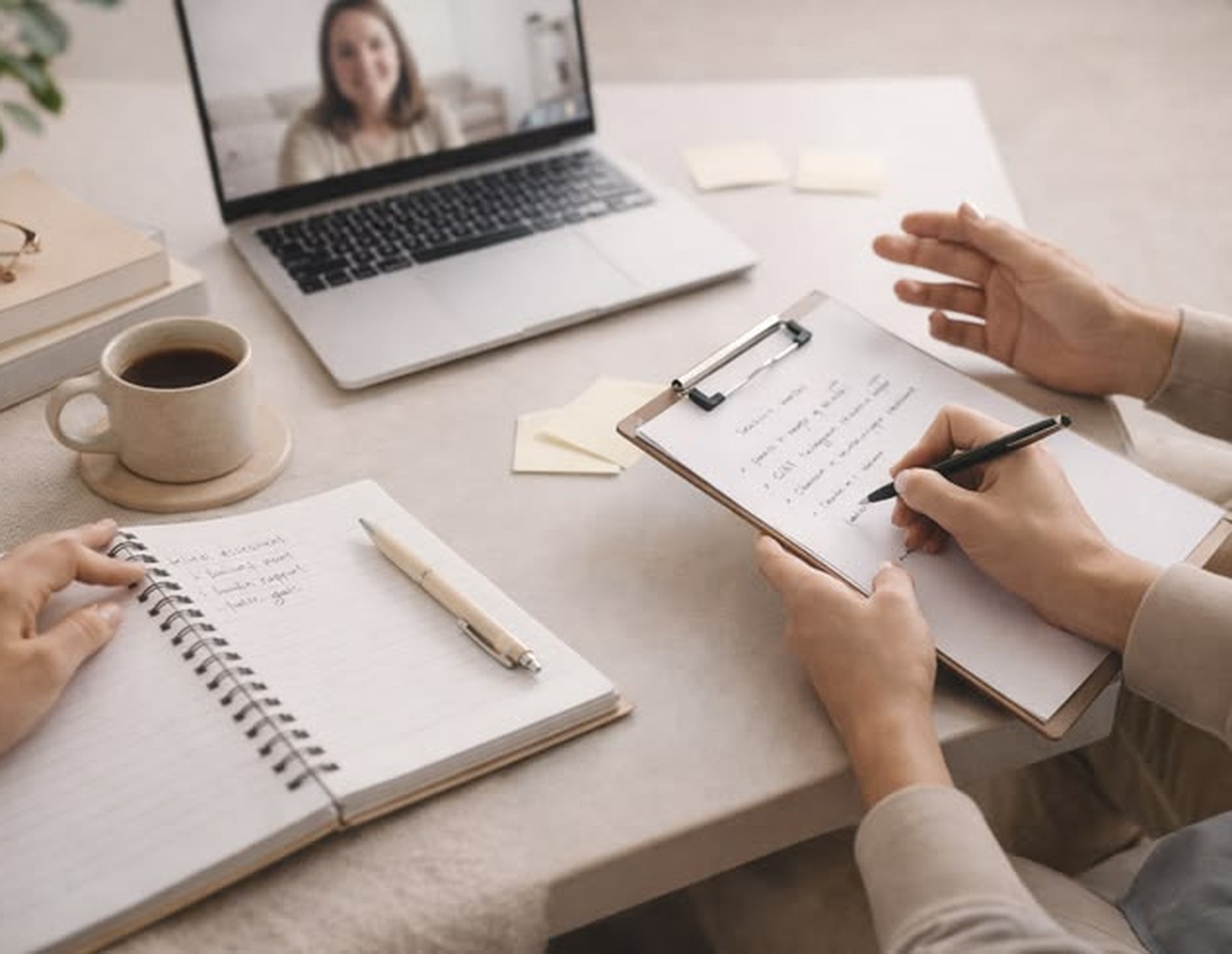 Manos escribiendo en un cuaderno junto a una laptop con una videollamada en curso