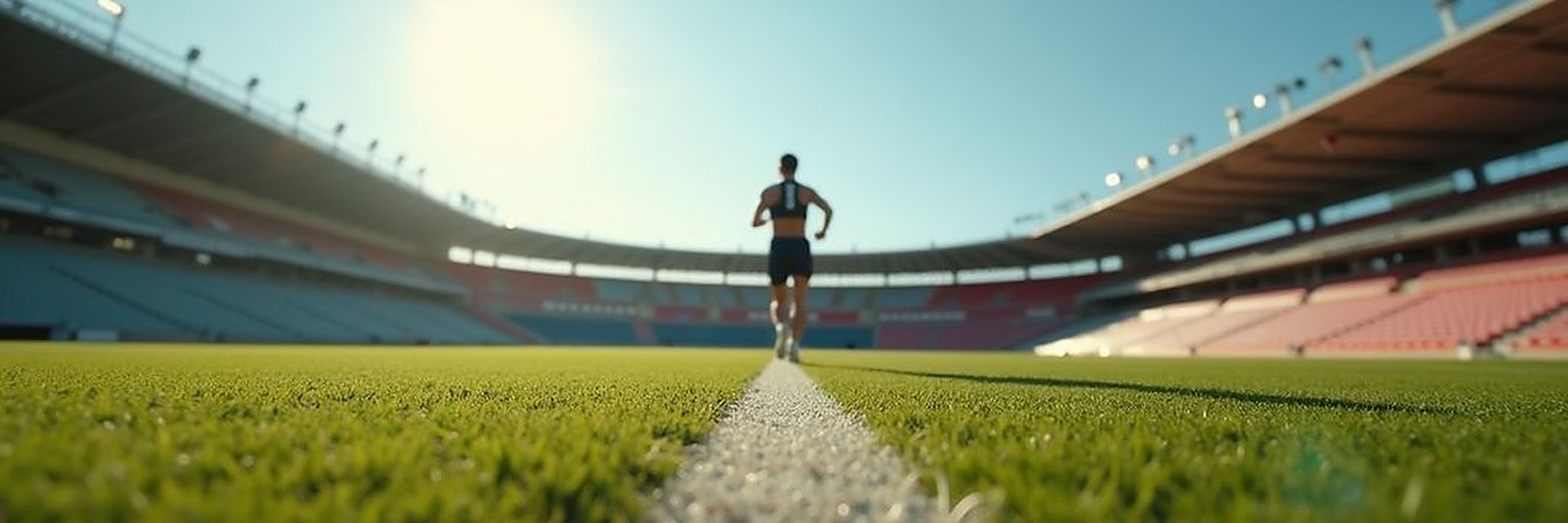 Silueta de un atleta corriendo por el centro de la pista de un estadio vacío